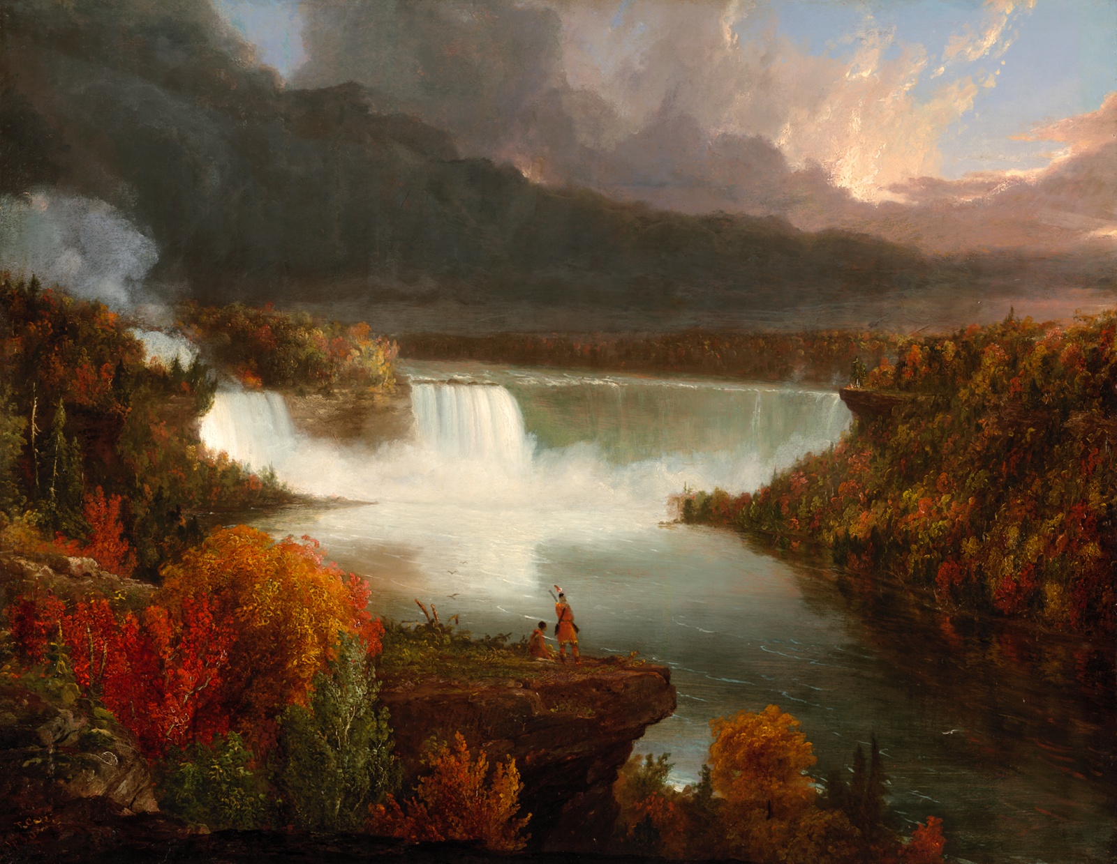Painting of a vast autumn scene with two very small figures in Indigenous clothing standing on a cliff overlooking a massive waterfall in the distance.