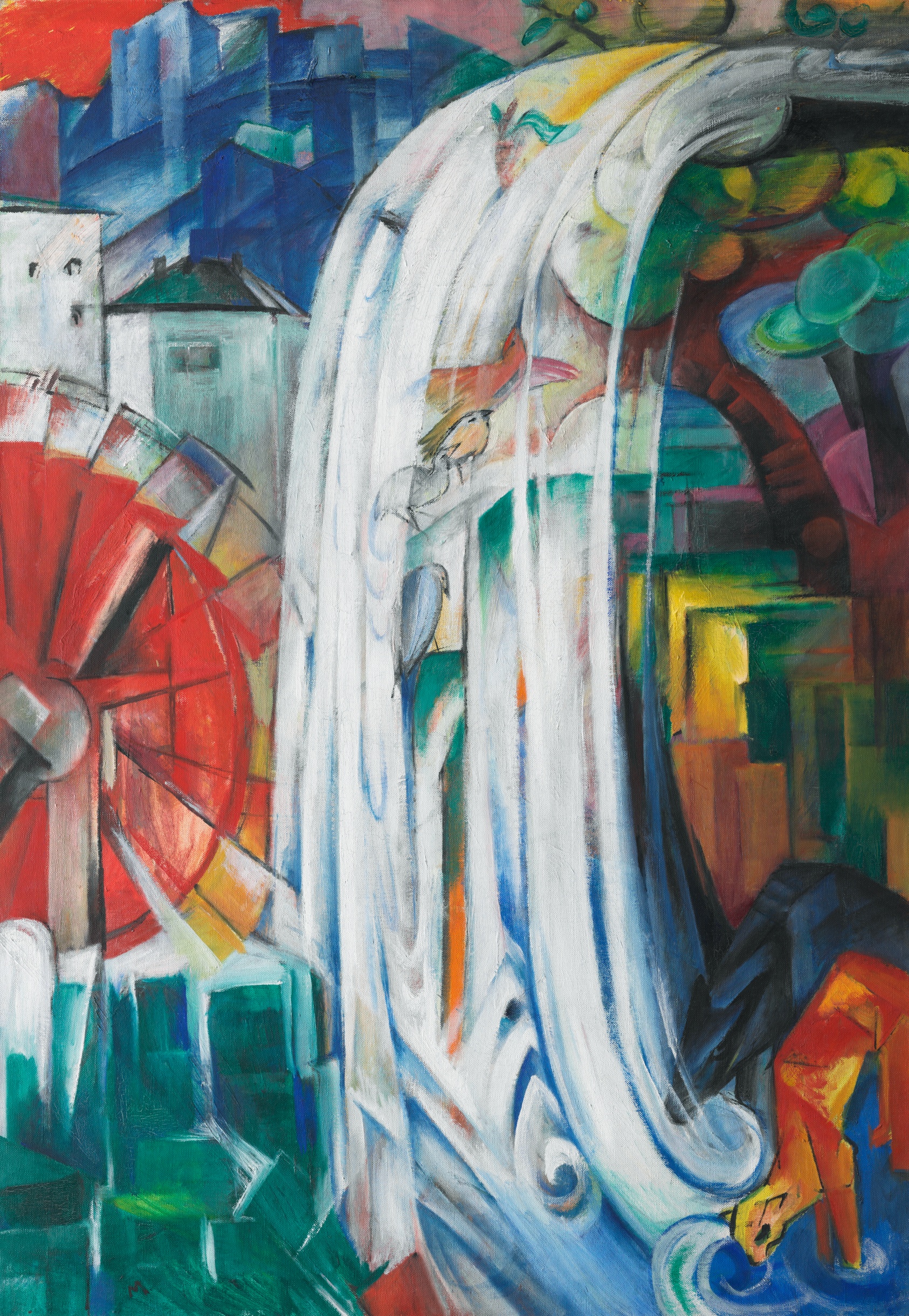 Vibrantly colored geometric painting of a central white and blue waterfall with birds visible through it. A stylized red jungle cat and black wild boar drink at bottom right. Red water wheel at left, angular blue and white cityscape top at left, tree top at right.