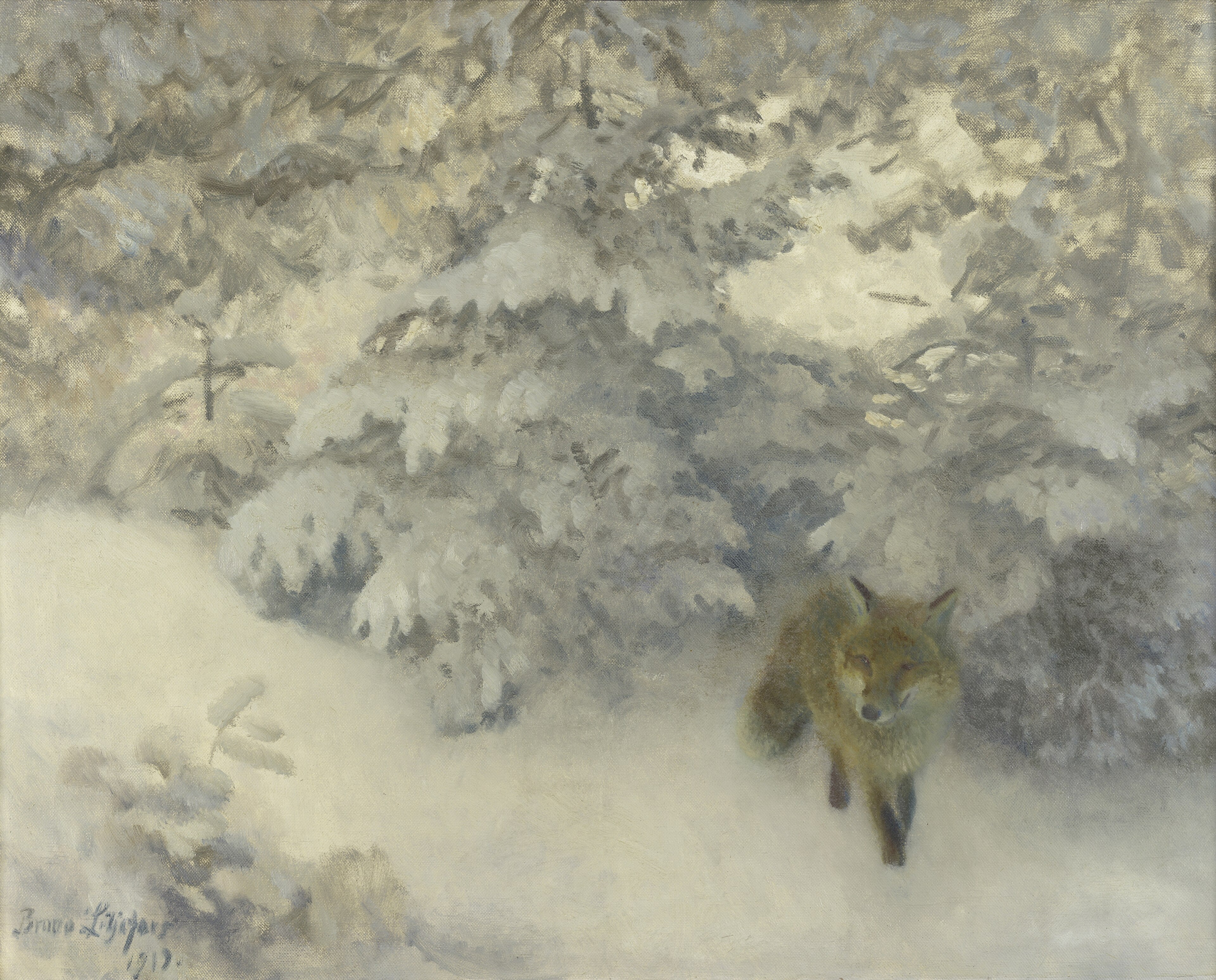 Dutch: Vos tredend uit besneeuwde bosrand by Bruno Liljefors