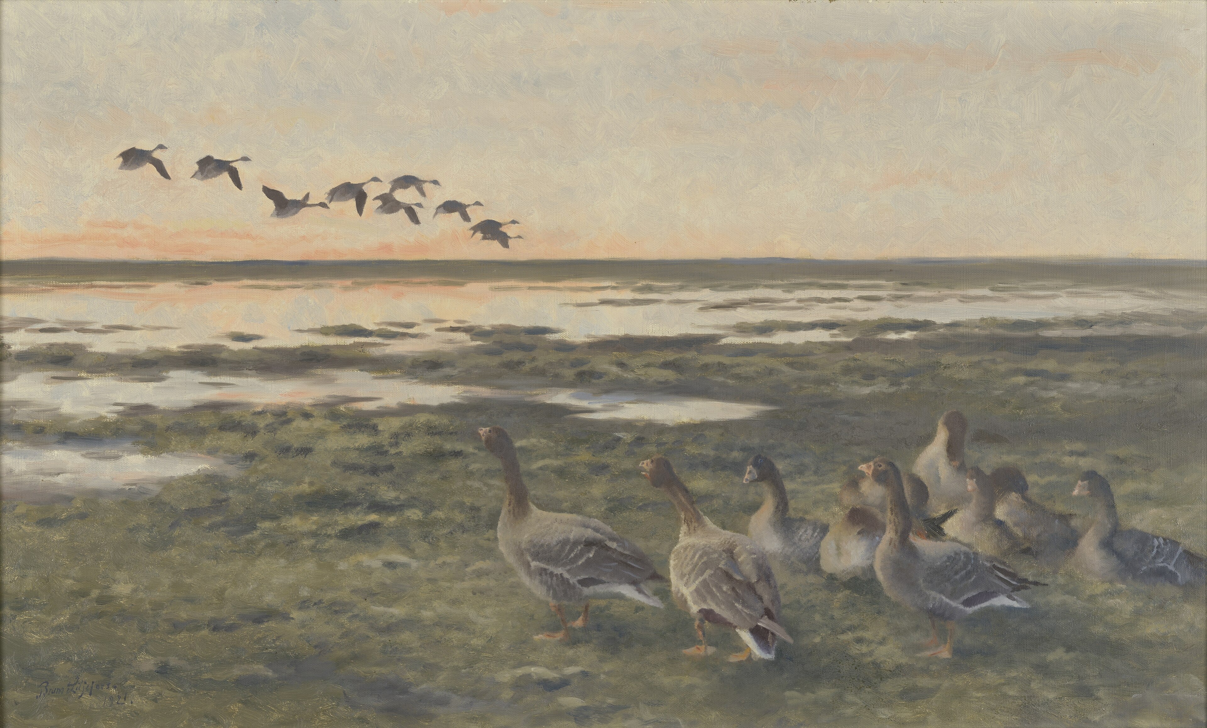 Dutch: Strijkende rietganzen bij zonsondergang by Bruno Liljefors