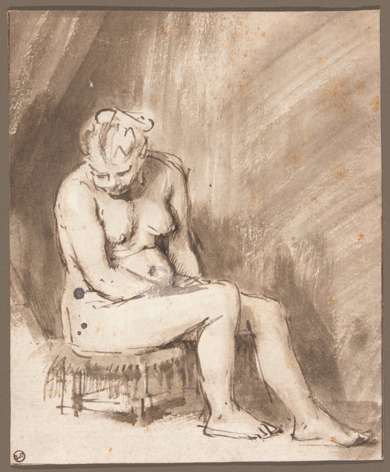 Brown-tone drawing of a nude woman seated on a small stool, looking downward.