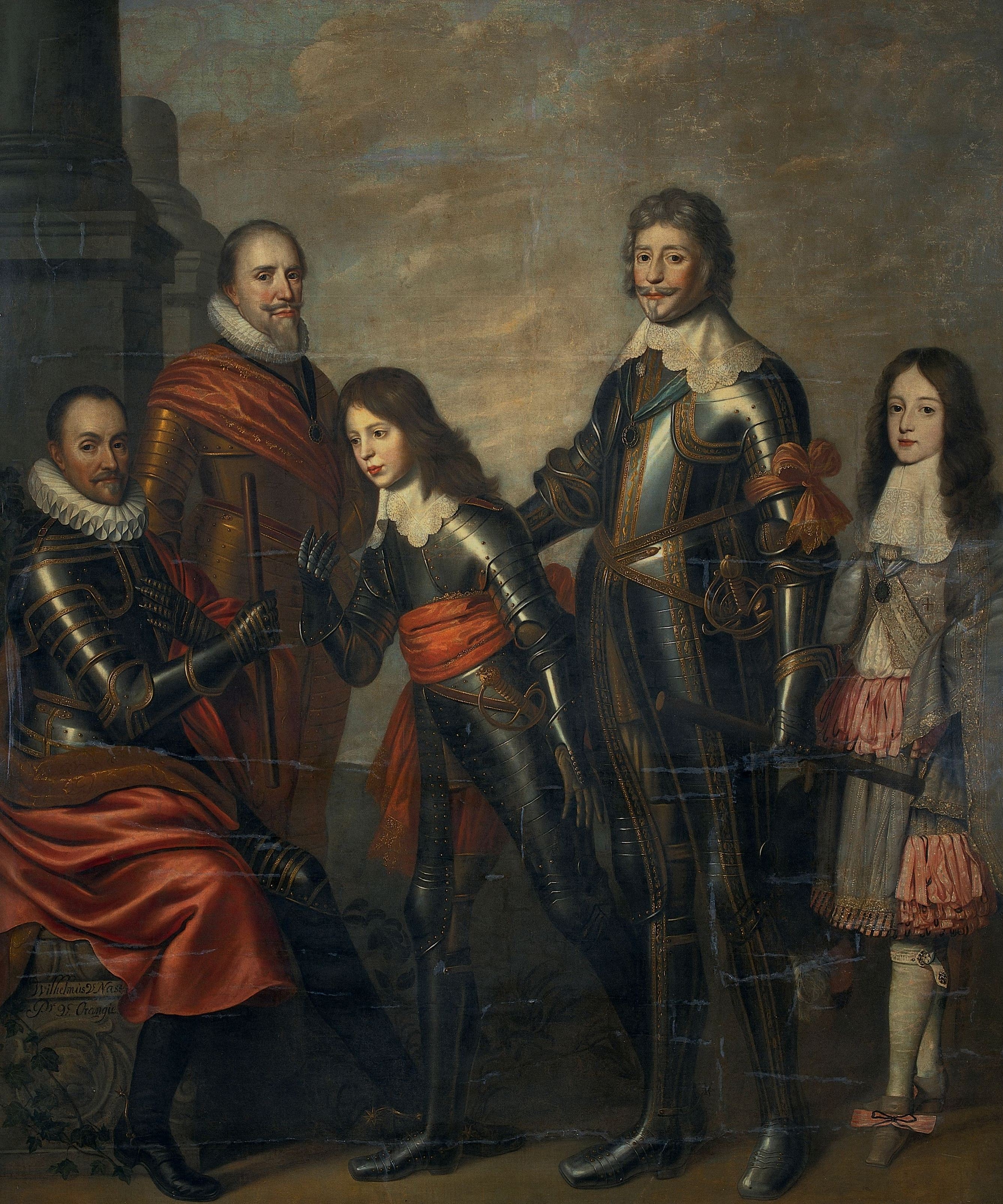 Vier generaties van de prinsen van Oranje: Willem I, Maurits en Frederik Hendrik, Willem II en Willem III by Pieter Nason Pieter Nason born ca. died 1690 Willem van Honthorst born ca. died 1666-02-19