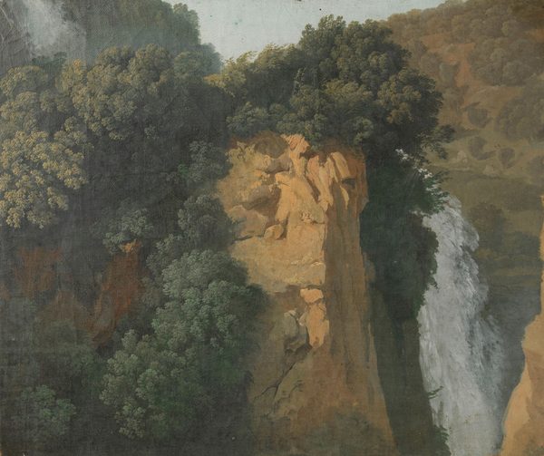 Overgrown Cliffs with a Waterfall in Italy, perhaps at Tivoli by Hendrik Voogd