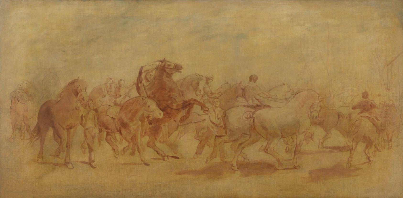 A sketchy black-and-white oil painting of a dozen horses walking in a circle, some with riders. All of the figures are shadowy.