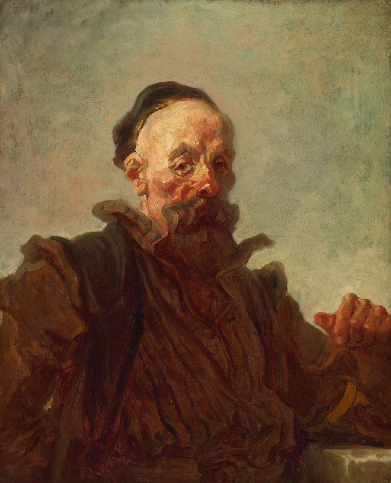 Painting of bearded, ruddy-faced man in eighteenth century style clothing.