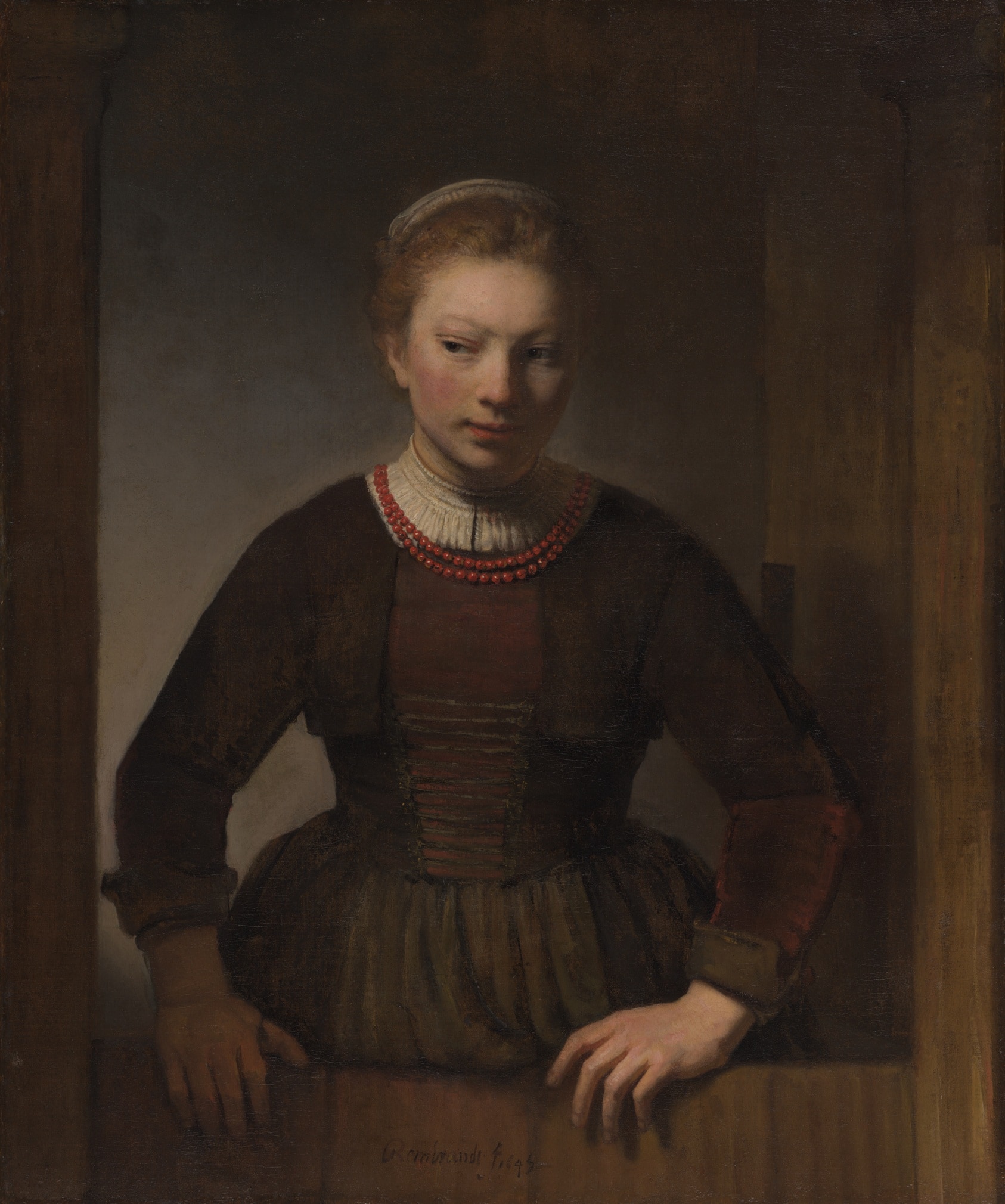 A young woman peers out to the right from from a Dutch door whose bottom half is closed. She wears a brown dress with a corset and a red beaded necklace.