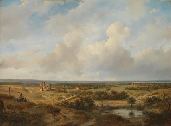 Panoramic dune landscape with the ruins of Brederode Castle as seen from the northeast by Andreas Schelfhout