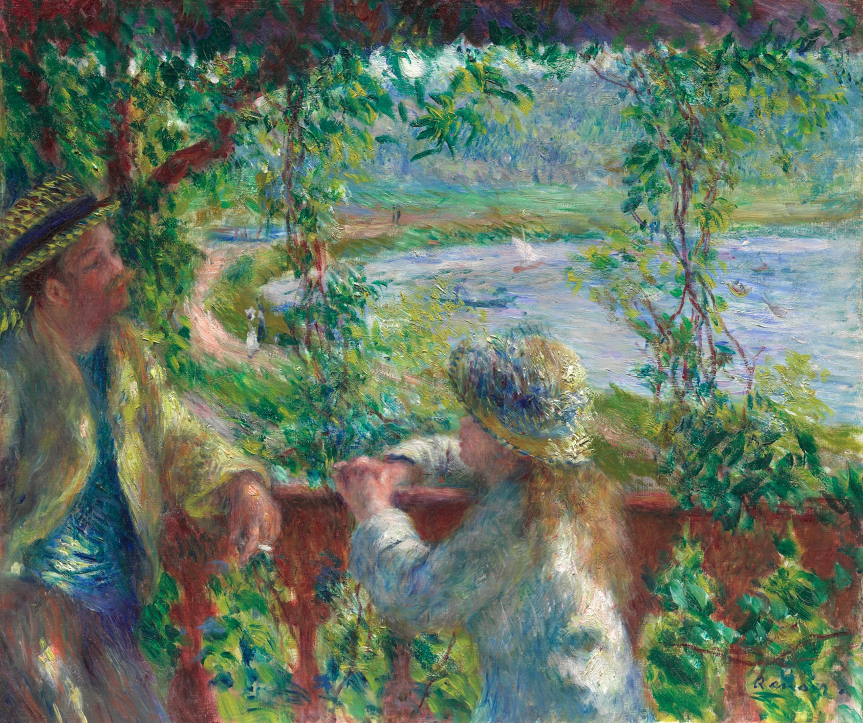Surrounded by lush, bright foliage, man and a young girl at close range lean against a fence near a lake. The man is smoking, and both wear straw hats.