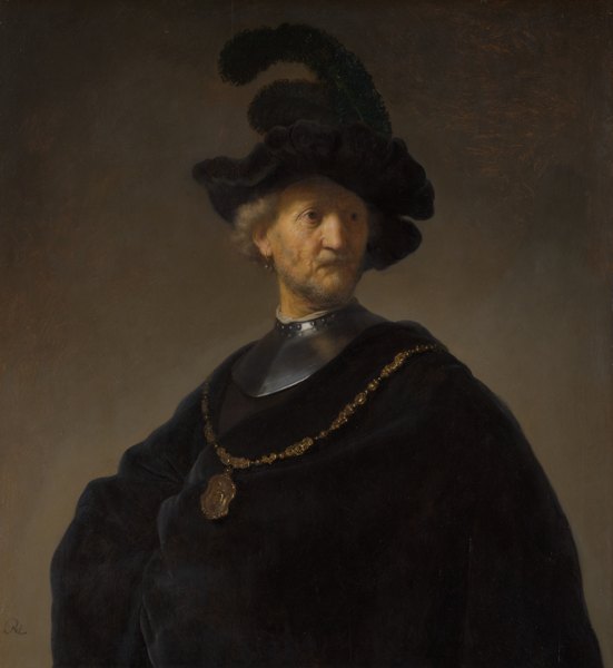 Portrait of man wearing voluminous black cloak, feathered hat, and gold medallion.