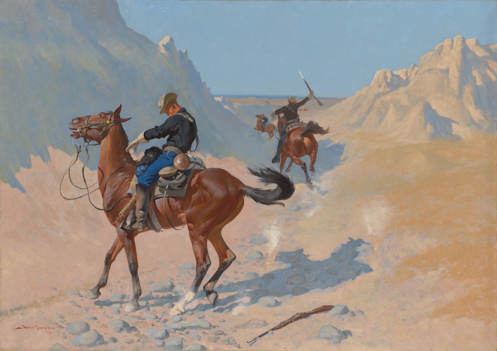 Three cavalry scouts—light-skinned men mounted on gleaming brown horses—among light-beige, arid mountains. The figure in the foreground has begun to to slump and seems poised to fall, his rifle on the ground, his horse agitated and alarmed. The others ride off in pursuit.